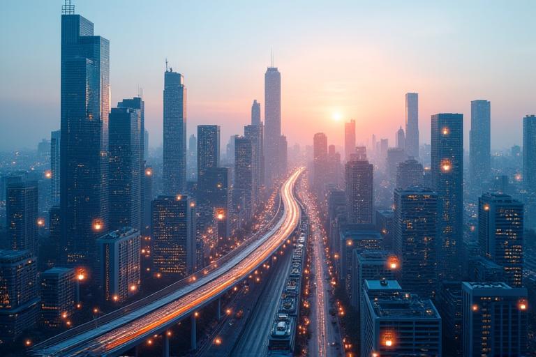 Une ville intelligente futuriste avec des réseaux de données et une infrastructure verte, symbolisant la mission de Station Atlas.